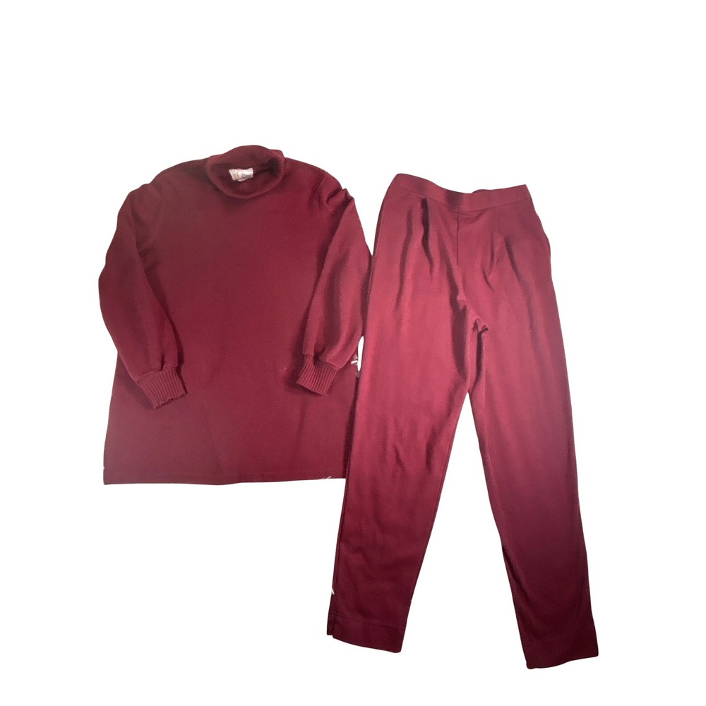 Vintage Weekenders Burgundy Slinky Knit 2 Piece Lounge Set Turtleneck Pants L